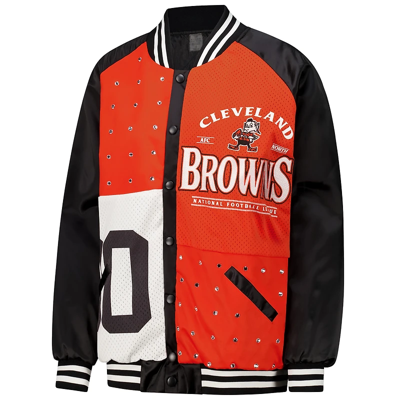 Women's Gameday Couture  Black/Orange Cleveland Browns Oversized Hot Shot Rhinestone Throwback Full-Snap Varsity Bomber Jacket