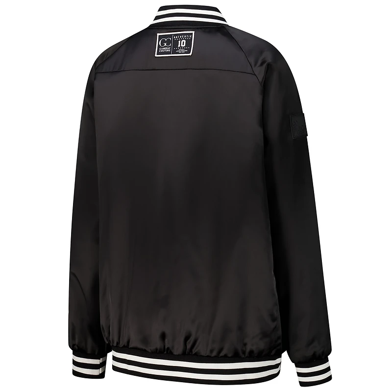 Women's Gameday Couture  Black/Orange Cleveland Browns Oversized Hot Shot Rhinestone Throwback Full-Snap Varsity Bomber Jacket