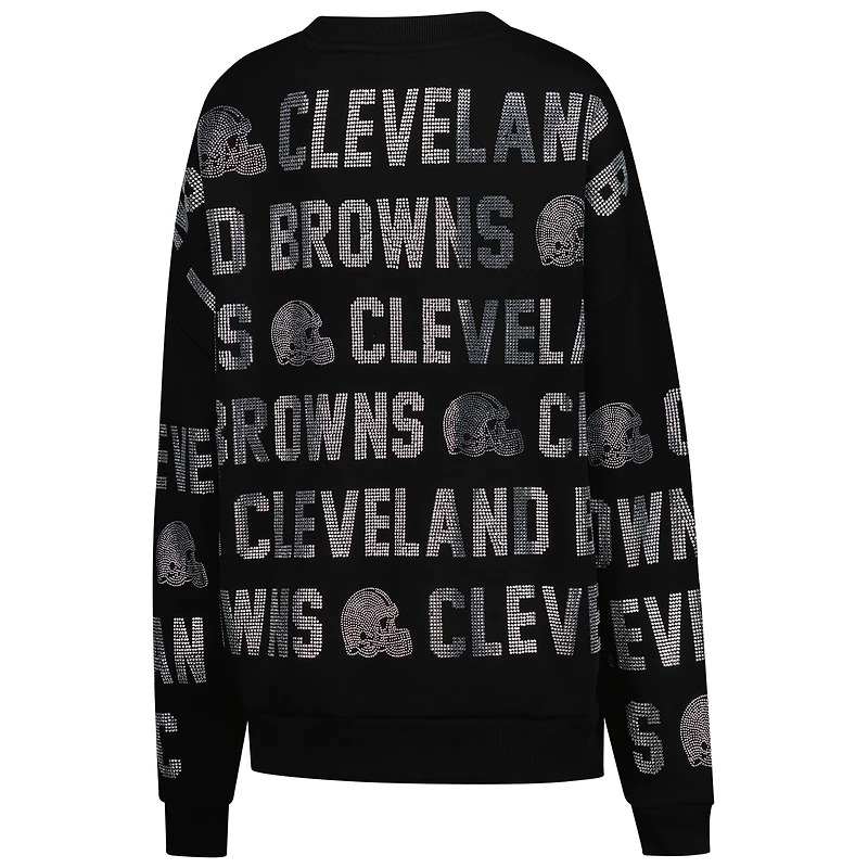 Women's Gameday Couture Black Cleveland Browns Oversized Hype Era Rhinestone Text Sweatshirt