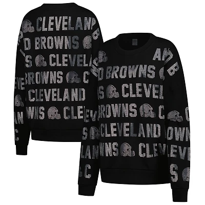 Women's Gameday Couture Black Cleveland Browns Oversized Hype Era Rhinestone Text Sweatshirt