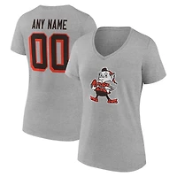 T-shirt gris authentique classique pour femme des Cleveland Browns, col en V, personnalisé avec nom et numéro.
