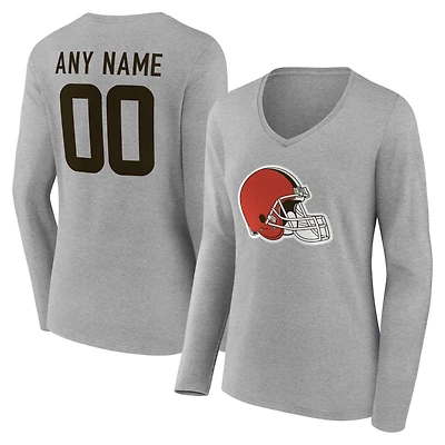 Women's Gray Cleveland Browns Team Authentic Personalized Name & Number Long Sleeve V-Neck T-Shirt