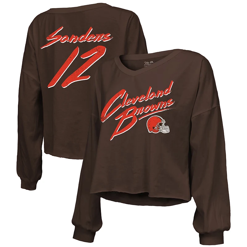 T-shirt court à manches longues et col en V pour femme Majestic Threads Shedeur Sanders Brown, avec nom numéro des Cleveland Browns, épaules dénudées inscription