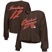 T-shirt court à manches longues et col en V pour femme Majestic Threads Shedeur Sanders Brown, avec nom numéro des Cleveland Browns, épaules dénudées inscription