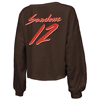 T-shirt court à manches longues et col en V pour femme Majestic Threads Shedeur Sanders Brown, avec nom numéro des Cleveland Browns, épaules dénudées inscription