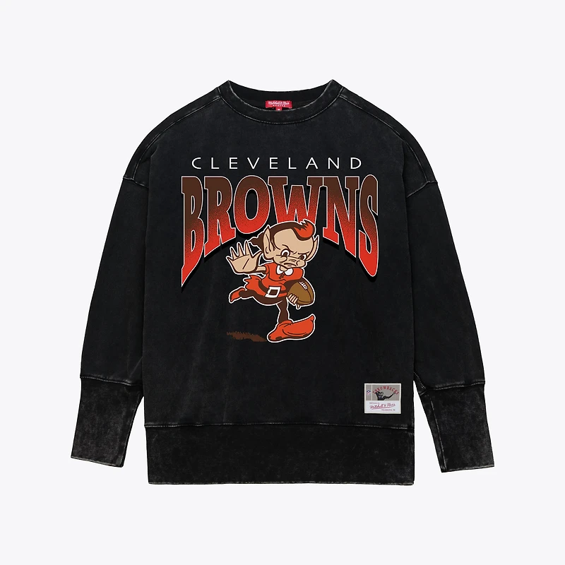 Women's Mitchell & Ness Black Cleveland Browns Delineate Mineral Wash Crewneck Sweatshirt