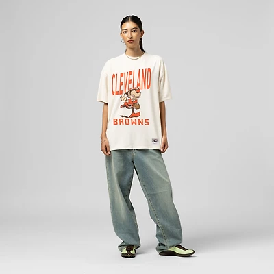 Women's Mitchell & Ness Cream Cleveland Browns Logo Rise Boyfriend T-Shirt