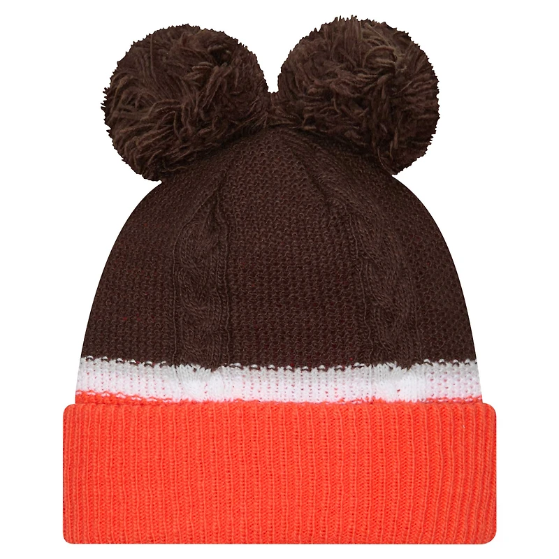 Bonnet en tricot à revers double bulle Cleveland Browns de New Era pour femme avec pompons