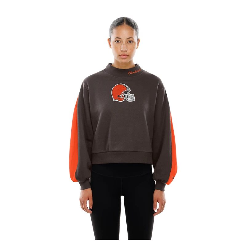Women's New Era Brown Cleveland Browns Sport Night Mock Neck Balloon Sleeve Pullover Sweatshirt