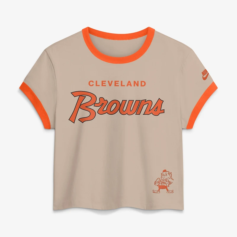 Women's Nike Cream Cleveland Browns Rewind Ringer Mod Cropped T-Shirt