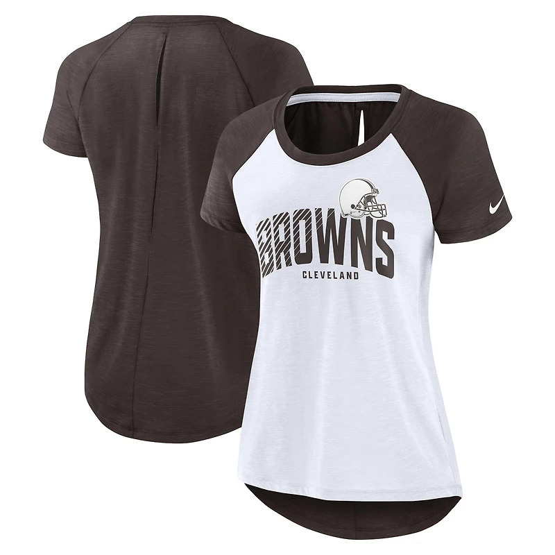 T-shirt raglan à découpes dans le dos des Cleveland Browns Nike pour femme, blanc/brun chiné