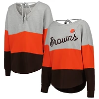 Women's Touch Heather Gray/Brown Cleveland Browns Outfield Deep V-Back Waist Length Pullover Sweatshirt
