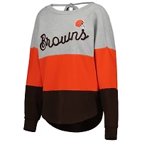 Women's Touch Heather Gray/Brown Cleveland Browns Outfield Deep V-Back Waist Length Pullover Sweatshirt