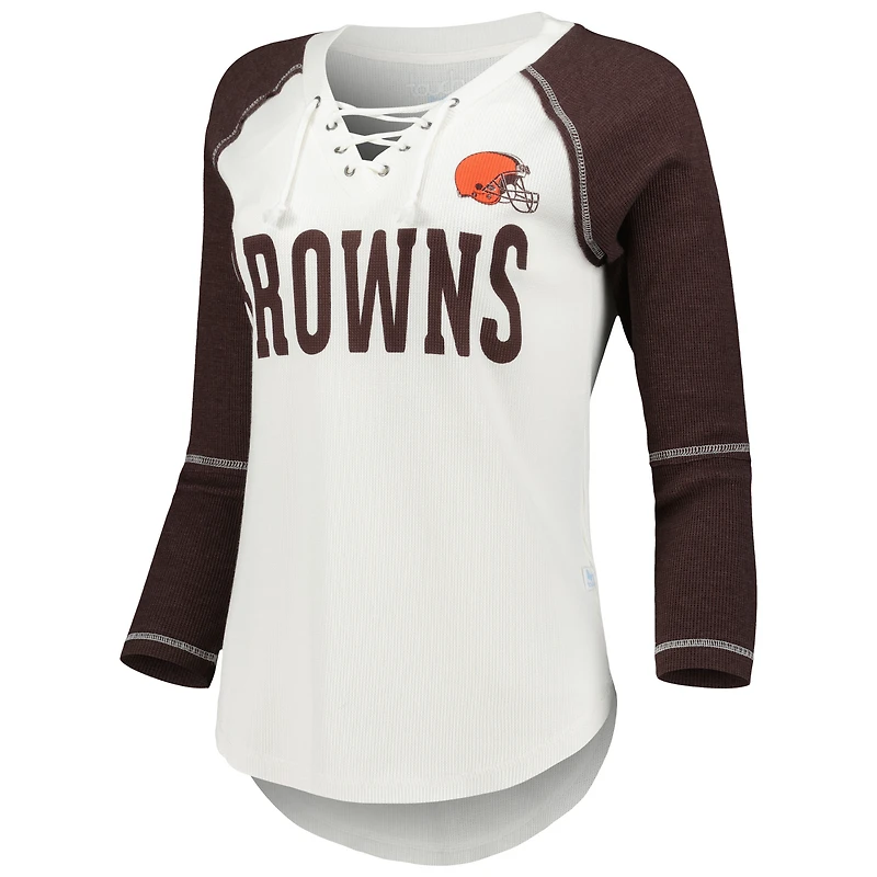 T-shirt à col en V lacets et manches 3/4 Touch White/Marron pour femmes Rebel Raglan Tri-Blend