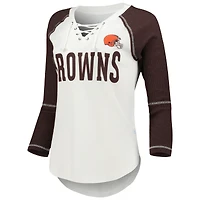 T-shirt à col en V lacets et manches 3/4 Touch White/Marron pour femmes Rebel Raglan Tri-Blend