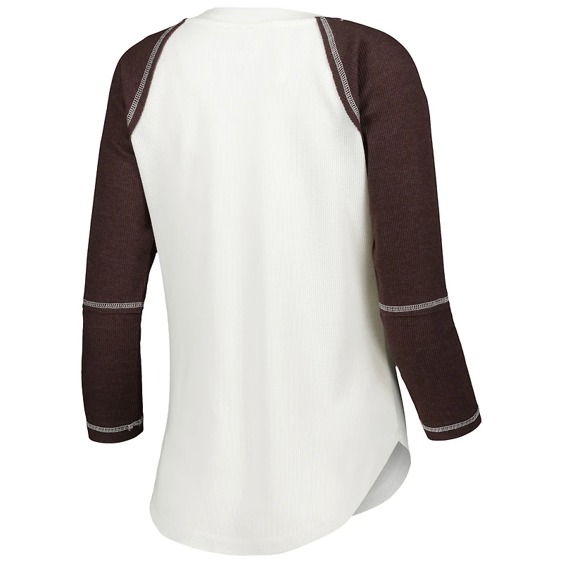 T-shirt à col en V lacets et manches 3/4 Touch White/Marron pour femmes Rebel Raglan Tri-Blend