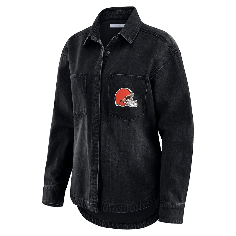 Women's WEAR by Erin Andrews Black Cleveland Browns Washed Oversized Denim Full-Snap Shacket
