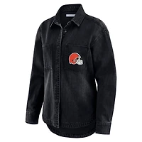 Women's WEAR by Erin Andrews Black Cleveland Browns Washed Oversized Denim Full-Snap Shacket