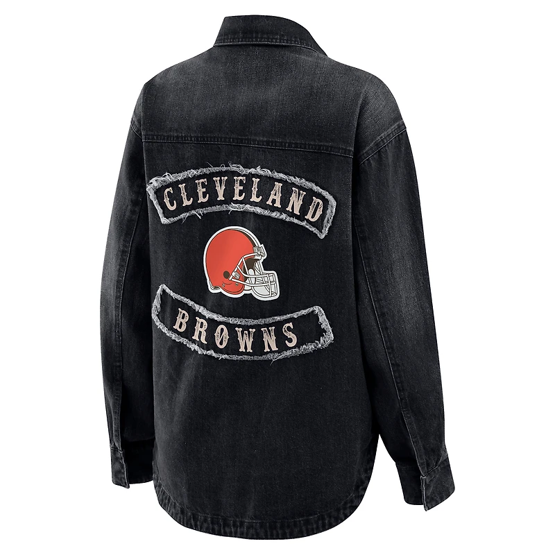 Women's WEAR by Erin Andrews Black Cleveland Browns Washed Oversized Denim Full-Snap Shacket