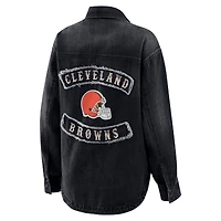 Women's WEAR by Erin Andrews Black Cleveland Browns Washed Oversized Denim Full-Snap Shacket