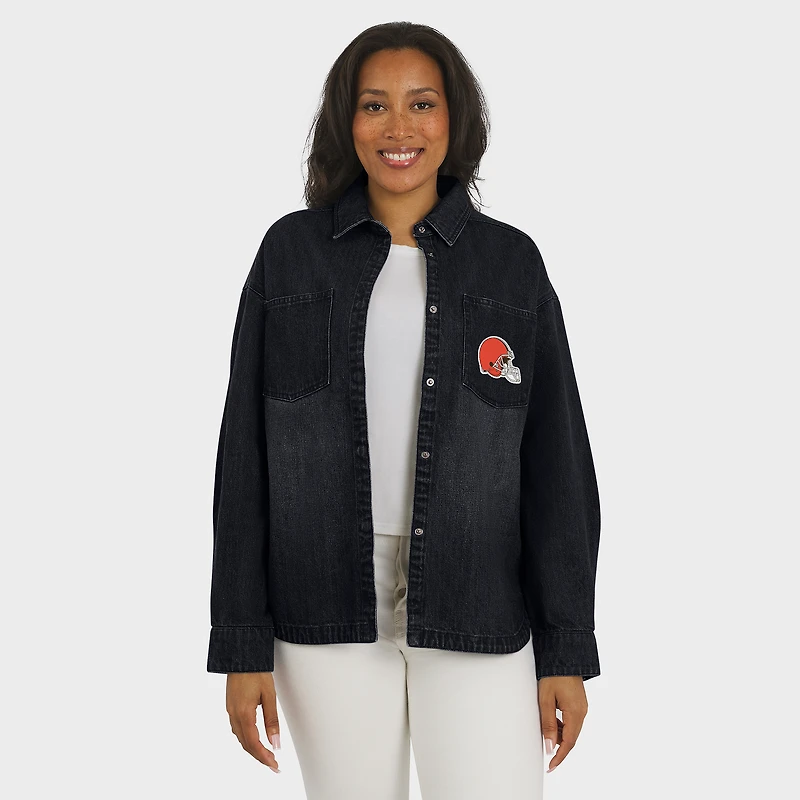 Women's WEAR by Erin Andrews Black Cleveland Browns Washed Oversized Denim Full-Snap Shacket