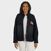 Women's WEAR by Erin Andrews Black Cleveland Browns Washed Oversized Denim Full-Snap Shacket
