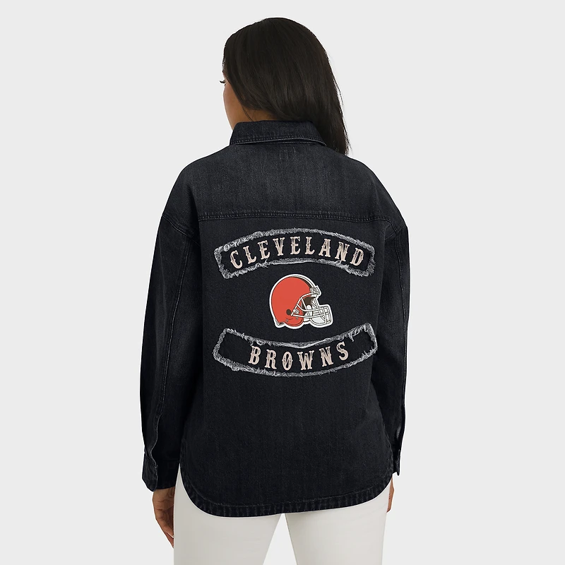 Women's WEAR by Erin Andrews Black Cleveland Browns Washed Oversized Denim Full-Snap Shacket