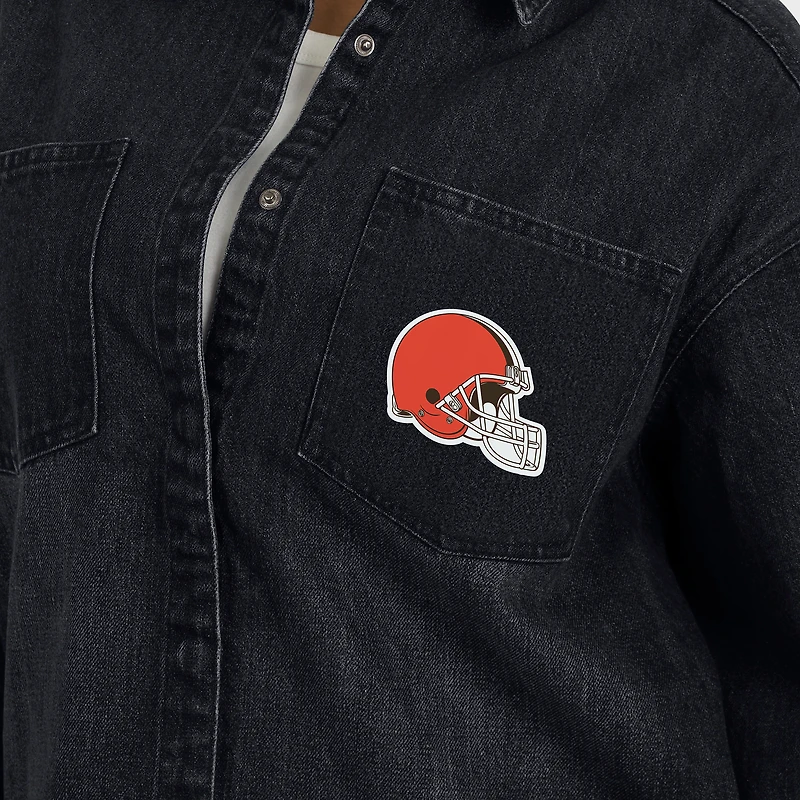 Women's WEAR by Erin Andrews Black Cleveland Browns Washed Oversized Denim Full-Snap Shacket