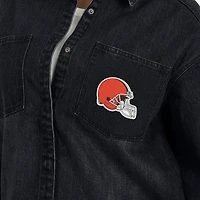 Women's WEAR by Erin Andrews Black Cleveland Browns Washed Oversized Denim Full-Snap Shacket