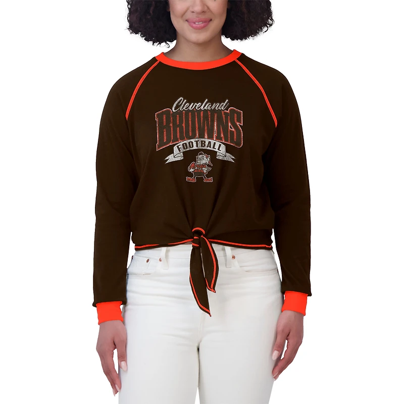 Haut à manches longues noué sur le devant marron/orange Cleveland Browns pour femme WEAR by Erin Andrews