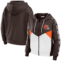 Women's WEAR by Erin Andrews Brown/White Cleveland Browns Color Block Light Weight Modest Crop Full-Zip Hoodie