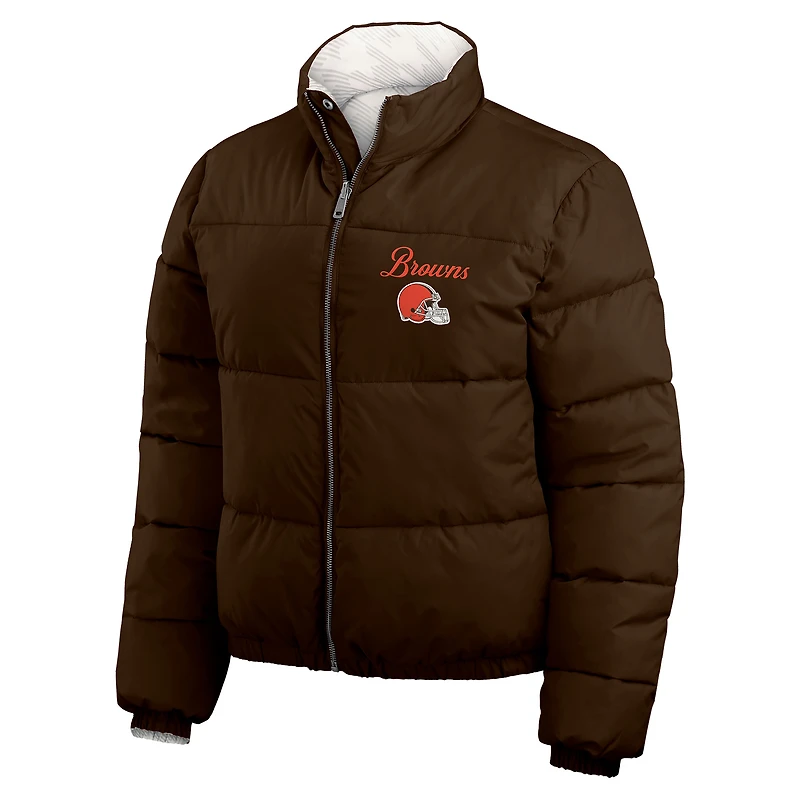 Women's WEAR by Erin Andrews  Brown/White Cleveland Browns Reversible Cropped Full-Zip Puffer Jacket