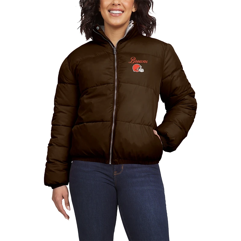 Women's WEAR by Erin Andrews  Brown/White Cleveland Browns Reversible Cropped Full-Zip Puffer Jacket