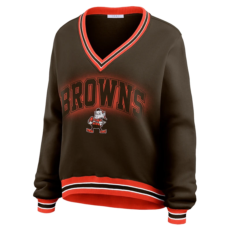 Sweat-shirt oversize à manches longues et col en V pour femme WEAR by Erin Andrews Brown Cleveland Browns