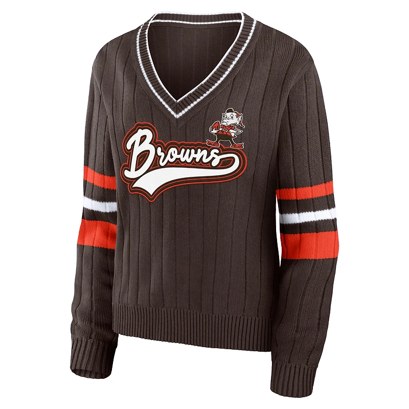 WEAR by Erin Andrews Brown Pull rétro à col en V des Cleveland Browns pour femmes