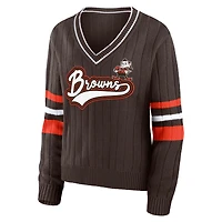 WEAR by Erin Andrews Brown Pull rétro à col en V des Cleveland Browns pour femmes