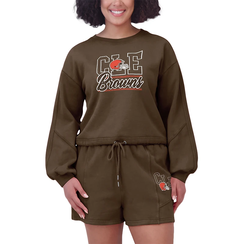 Women's WEAR by Erin Andrews Brown Cleveland Browns Washed Fleece Long Sleeve T-Shirt & Shorts Lounge Set