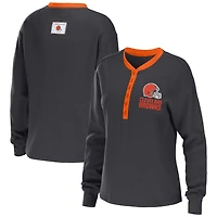 Women's WEAR by Erin Andrews Charcoal Cleveland Browns Waffle Henley Long Sleeve T-Shirt