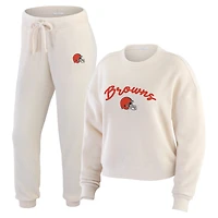 Women's WEAR by Erin Andrews  Cream Cleveland Browns Knitted Tri-Blend Long Sleeve T-Shirt & Pants Lounge Set