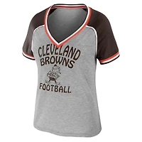 Women's WEAR by Erin Andrews Heather Gray Cleveland Browns Cropped Raglan Throwback V-Neck T-Shirt