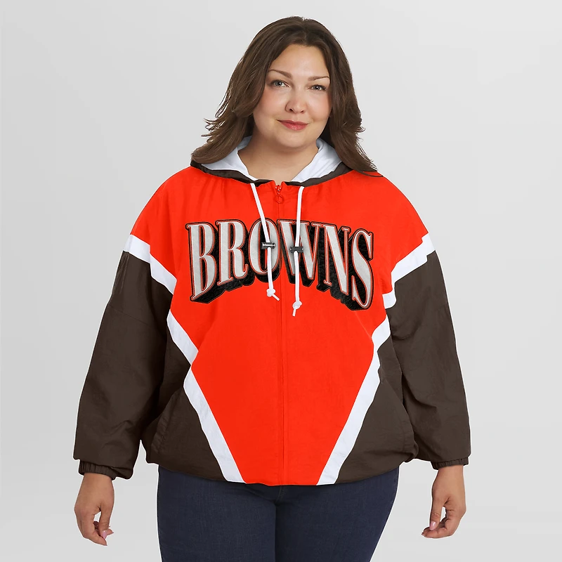 Women's WEAR by Erin Andrews Orange/Brown Cleveland Browns Plus Retro Crinkle Full-Zip Hoodie Windbreaker Jacket