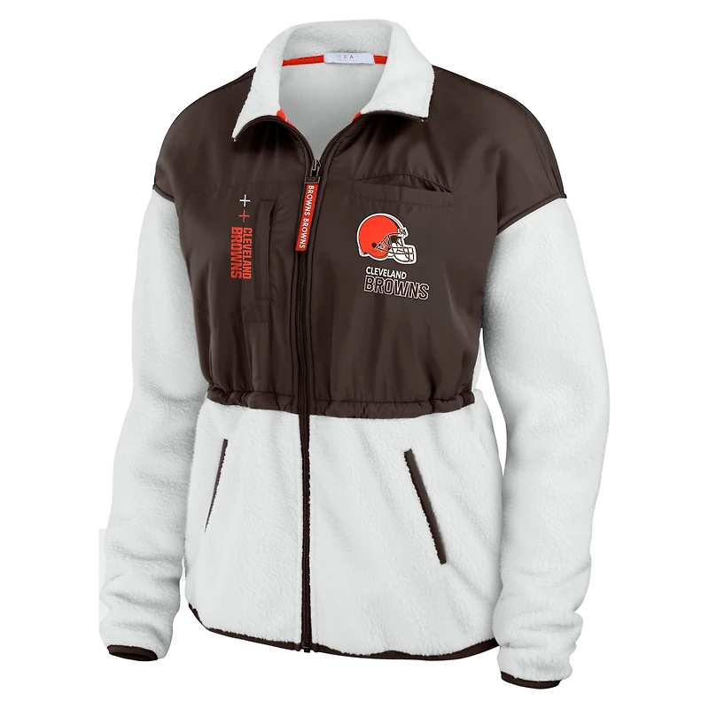 WEAR by Erin Andrews pour femmes, blanc/marron, Cleveland Browns, veste polaire entièrement zippée à blocs de couleurs
