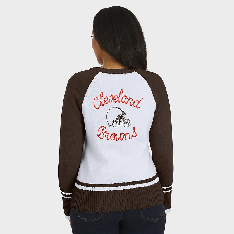 Women's WEAR by Erin Andrews White/Brown Cleveland Browns Colorblock Raglan Sweater