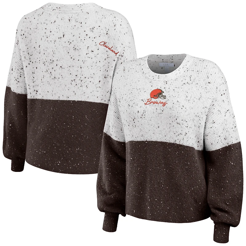 Women's WEAR by Erin Andrews White/Brown Cleveland Browns Lighweight Modest Crop Color-Block Pullover Sweater