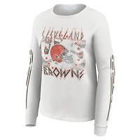 Women's WEAR by Erin Andrews  White Cleveland Browns Graphic Waffle Long-Sleeve T-Shirt