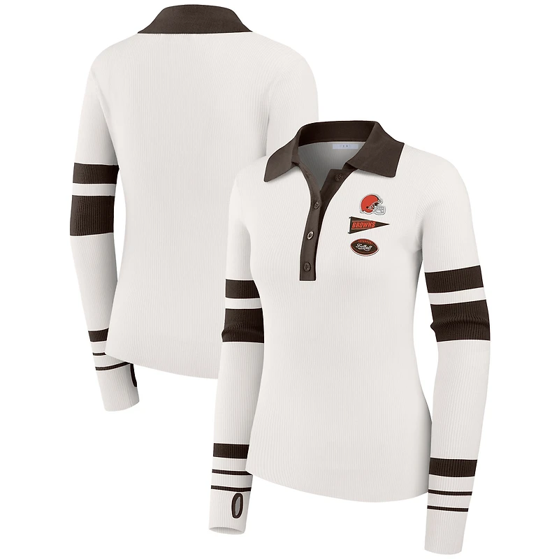 Pull polo côtelé Henley blanc des Cleveland Browns pour femme par Erin Andrews