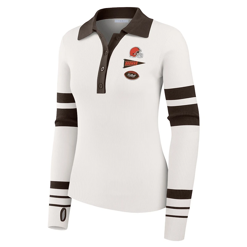 Women's WEAR by Erin Andrews White Cleveland Browns Ribbed Henley Polo Sweater
