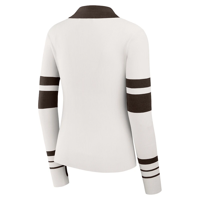 Women's WEAR by Erin Andrews White Cleveland Browns Ribbed Henley Polo Sweater