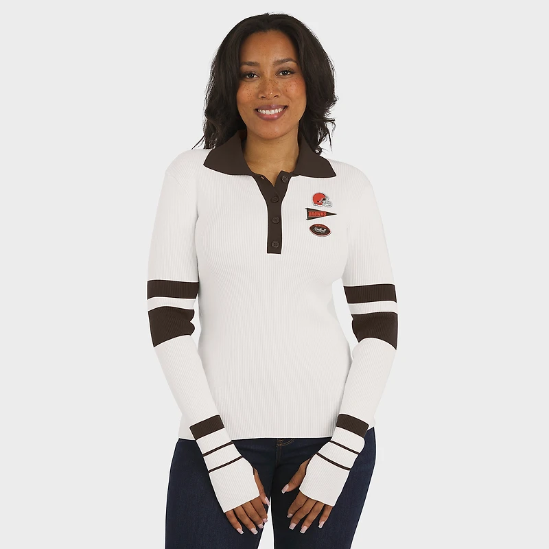 Pull polo côtelé Henley blanc des Cleveland Browns pour femme par Erin Andrews