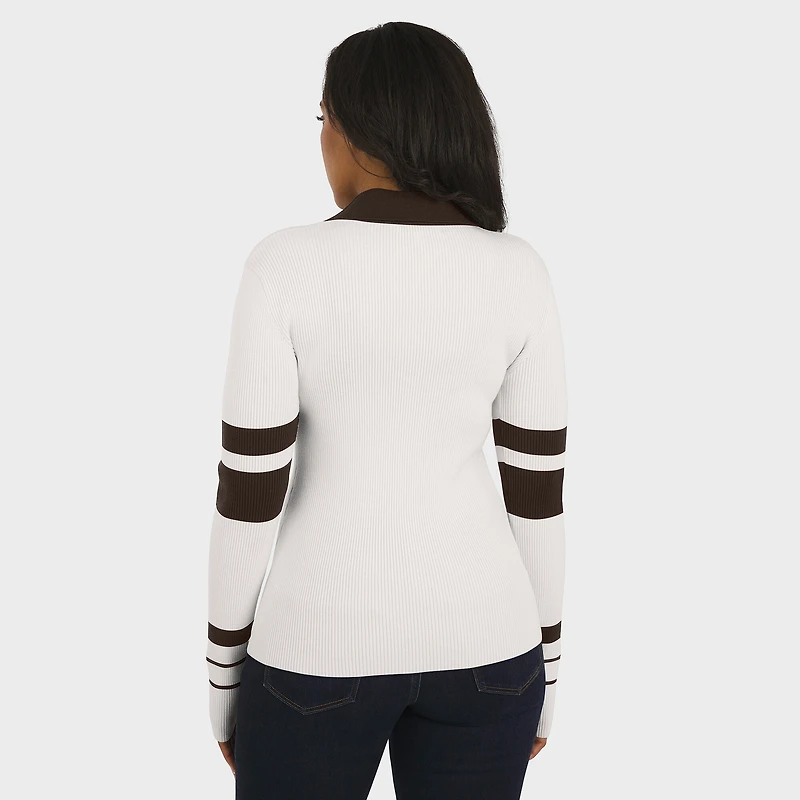 Women's WEAR by Erin Andrews White Cleveland Browns Ribbed Henley Polo Sweater
